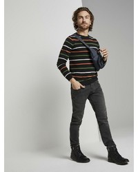 schwarzer horizontal gestreifter Pullover mit einem Rundhalsausschnitt von Tom Tailor