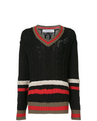 schwarzer horizontal gestreifter Pullover mit einem V-Ausschnitt
