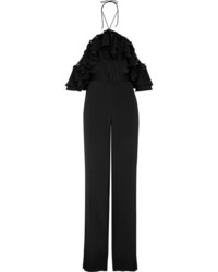 schwarzer Jumpsuit aus Satin mit Rüschen