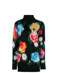 schwarzer Mohair Oversize Pullover mit Blumenmuster