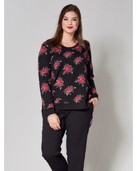 schwarzer Pullover mit einem Rundhalsausschnitt mit Blumenmuster von Angel of Style by Happy Size