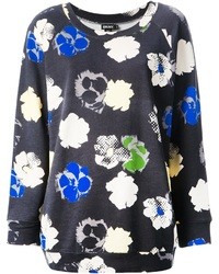 schwarzer Pullover mit einem Rundhalsausschnitt mit Blumenmuster von DKNY