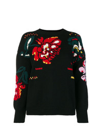 schwarzer Pullover mit einem Rundhalsausschnitt mit Blumenmuster von Ermanno Scervino