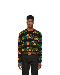 schwarzer Pullover mit einem Rundhalsausschnitt mit Blumenmuster von Gucci