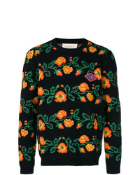 schwarzer Pullover mit einem Rundhalsausschnitt mit Blumenmuster von Gucci