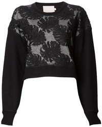 schwarzer Pullover mit einem Rundhalsausschnitt mit Blumenmuster von Jason Wu
