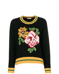 schwarzer Pullover mit einem Rundhalsausschnitt mit Blumenmuster von Twin-Set
