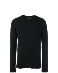 schwarzer Pullover mit einem Rundhalsausschnitt mit geometrischem Muster von Tom Rebl