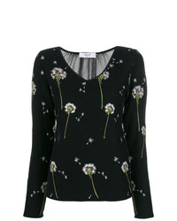 schwarzer Pullover mit einem V-Ausschnitt mit Blumenmuster von Blugirl