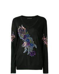 schwarzer Pullover mit einem V-Ausschnitt mit Blumenmuster von Etro