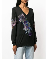 schwarzer Pullover mit einem V-Ausschnitt mit Blumenmuster von Etro