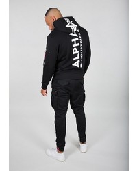 schwarzer und weißer bedruckter Pullover mit einem Kapuze von Alpha Industries