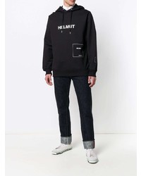 schwarzer und weißer bedruckter Pullover mit einem Kapuze von Helmut Lang