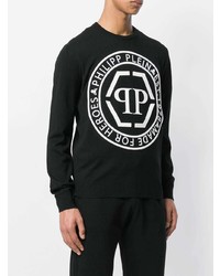 schwarzer und weißer bedruckter Pullover mit einem Rundhalsausschnitt von Philipp Plein