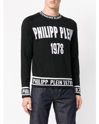 schwarzer und weißer bedruckter Pullover mit einem Rundhalsausschnitt von Philipp Plein