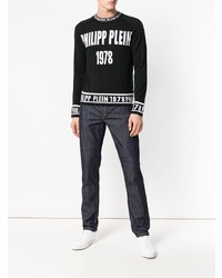 schwarzer und weißer bedruckter Pullover mit einem Rundhalsausschnitt von Philipp Plein