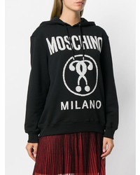 schwarzer und weißer bedruckter Pullover mit einer Kapuze von Moschino