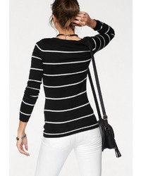 schwarzer und weißer horizontal gestreifter Pullover mit einem Rundhalsausschnitt von AJC