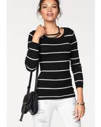 schwarzer und weißer horizontal gestreifter Pullover mit einem Rundhalsausschnitt von AJC