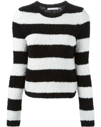 schwarzer und weißer horizontal gestreifter Pullover mit einem Rundhalsausschnitt von Alice + Olivia