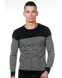 schwarzer und weißer horizontal gestreifter Pullover mit einem Rundhalsausschnitt von EX-PENT