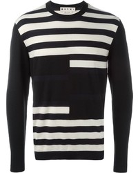 schwarzer und weißer horizontal gestreifter Pullover mit einem Rundhalsausschnitt von Marni