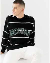 schwarzer und weißer horizontal gestreifter Pullover mit einem Rundhalsausschnitt von New Look