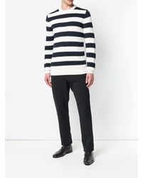 schwarzer und weißer horizontal gestreifter Pullover mit einem Rundhalsausschnitt von Theory