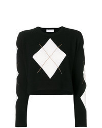 schwarzer und weißer Pullover mit einem Rundhalsausschnitt mit Argyle-Muster
