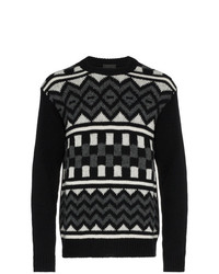 schwarzer und weißer Pullover mit einem Rundhalsausschnitt mit geometrischem Muster von Prada