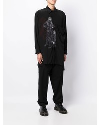 schwarzes bedrucktes Langarmhemd von Yohji Yamamoto