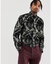 schwarzes bedrucktes Langarmhemd von Twisted Tailor