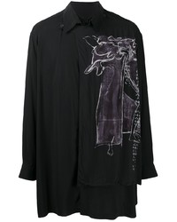 schwarzes bedrucktes Langarmhemd von Yohji Yamamoto