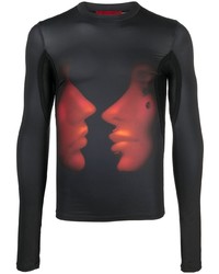 schwarzes bedrucktes Langarmshirt aus Netzstoff von Kusikohc
