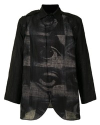 schwarzes bedrucktes Leinen Langarmhemd von Yohji Yamamoto