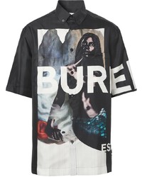 schwarzes bedrucktes Seide Kurzarmhemd von Burberry