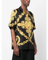 schwarzes bedrucktes Seide Kurzarmhemd von Versace