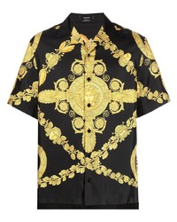 schwarzes bedrucktes Seide Kurzarmhemd von Versace