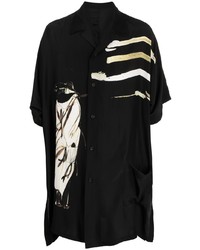 schwarzes bedrucktes Seide Kurzarmhemd von Yohji Yamamoto