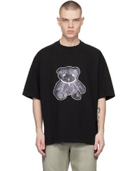 schwarzes bedrucktes Spitze T-Shirt mit einem Rundhalsausschnitt