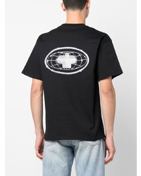 schwarzes bedrucktes Spitze T-Shirt mit einem Rundhalsausschnitt von PLACES+FACES