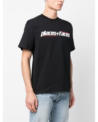 schwarzes bedrucktes Spitze T-Shirt mit einem Rundhalsausschnitt von PLACES+FACES