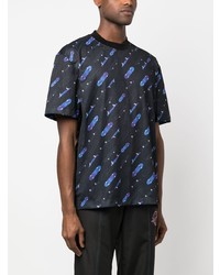 schwarzes bedrucktes T-Shirt mit einem Rundhalsausschnitt aus Netzstoff von Karl Lagerfeld