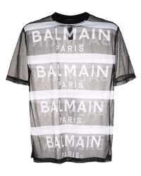 schwarzes bedrucktes T-Shirt mit einem Rundhalsausschnitt aus Netzstoff von Balmain