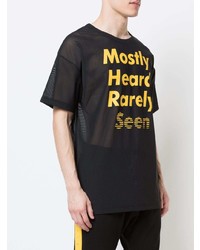 schwarzes bedrucktes T-Shirt mit einem Rundhalsausschnitt aus Netzstoff von Mostly Heard Rarely Seen