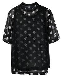 schwarzes bedrucktes T-Shirt mit einem Rundhalsausschnitt aus Netzstoff von Dolce & Gabbana