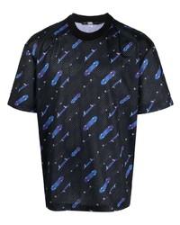 schwarzes bedrucktes T-Shirt mit einem Rundhalsausschnitt aus Netzstoff von Karl Lagerfeld