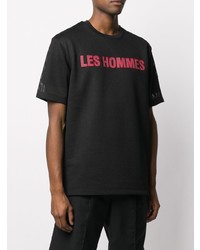 schwarzes bedrucktes T-Shirt mit einem Rundhalsausschnitt aus Netzstoff von Les Hommes