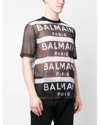 schwarzes bedrucktes T-Shirt mit einem Rundhalsausschnitt aus Netzstoff von Balmain