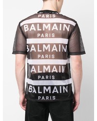 schwarzes bedrucktes T-Shirt mit einem Rundhalsausschnitt aus Netzstoff von Balmain